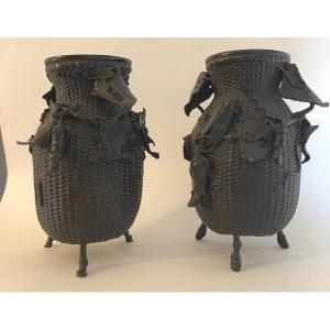 Pair Of Japanese Patinated Bronze Vases 