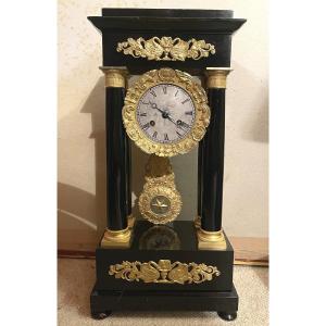 Restoration Period Portico Clock In Blackened Wood And Gilt Bronze