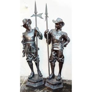Pair Of Large Life-size Bronze Soldiers, Renaissance Rider Musketeers 