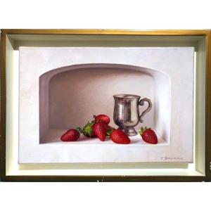 Oil On Canvas Frederic Baccalino (1962-?) Still Life With Strawberries And Timpani Hyperrealism
