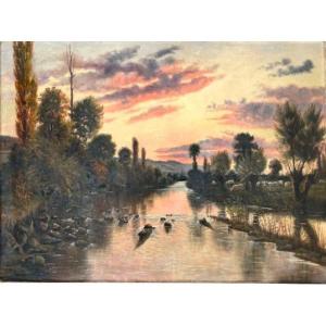 Oil On Canvas By Edouard Créancier Animated Landscape Clamecy Yonne 20th Century