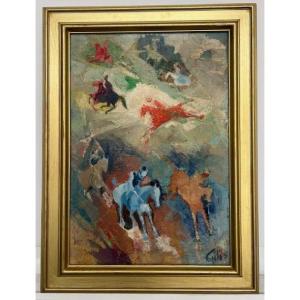 Oil On Canvas Equestrian Riders By Jean Gilis Occitan Painter Toulouse 1960