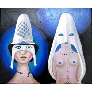Rare Oil On Cardboard By Nina Barka (maria Smirsky 1908-1986) Naive Art - Portrait Women