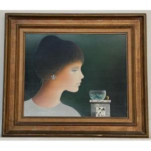 Acrylic By Alain Geneau, Woman In Still Life, Circa 1970-1980 In The Style Of Gorgio Morandi
