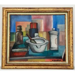 Still Life Of An Apothecary, Oil On Canvas By Hubert Agostini 1935-2021 (post-cubism...)