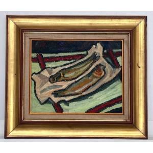 Oil On Canvas, Still Life With Fish, Circa 1950 (expressionism, In The Spirit Of R. Guerrier-p. Ambrogiani...)