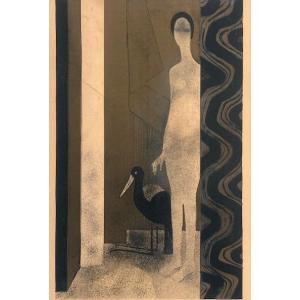 Lithograph By André Minaux Circa 1970 (art Deco Woman - Still Life...)