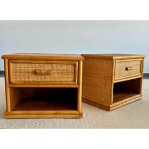 Pair Of Rattan Bedside Tables 1970 - 1980 Italy ( Dal Vera Spirit - Audoux Et Minet - Sognot...)