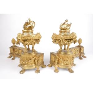 Pair Of Gilt Bronze Andirons After Gouthiere In The Louis XVI Style