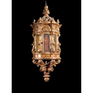 Important Venetian Lantern In Carved And Gilded Wood 19th Century Italy