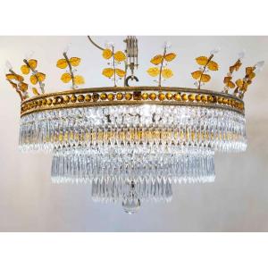 Large Circular Ceiling Light In Bronze And Crystal