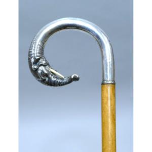 Collectible Cane With Silver Handle With Elephant Head Datable 19th Century