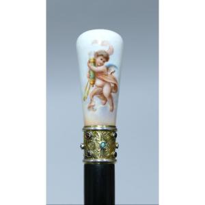 Great Cane With Beautiful Polychrome Porcelain Handle Representing Eros