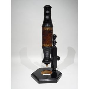 Impressive Black Stained Turned Wood Microscope. From The 18th Century