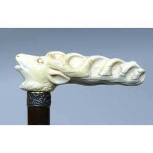 Collectible Cane With Imposing Ivory Handle Representing A Deer Head