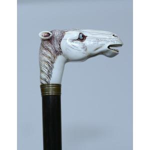 Collectible Cane With Polychrome Ivory Handle Representing A Horse's Head