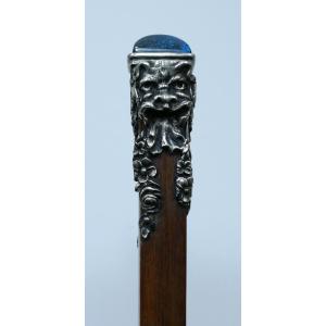 Collectible Cane With Silver-mounted Sodalite Handle With Grotesque Decor