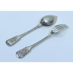 Hallmarked Silver Four-tine Spoon And Fork - Historical Origin Belgium