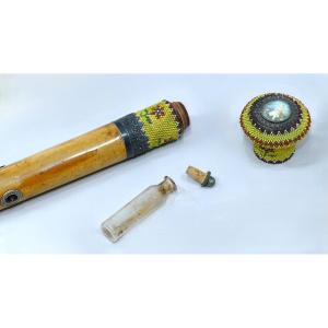 18th Century Gadget Cane With Imposing Polychrome Beaded Handle