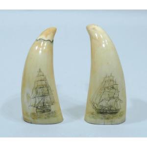 Pair Of Engraved Biface Sperm Whale Teeth Dated To Circa 1847