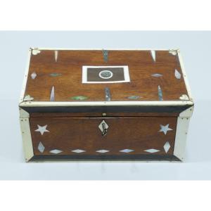 Sailor's Chest In Wood, Baleen, Bone And Abalone Mother-of-pearl Dating From The 19th Century
