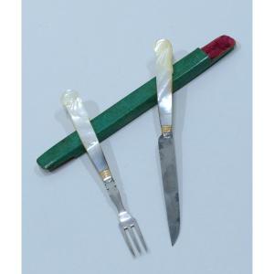 Mother-of-pearl Travel Cutlery Set In Shagreen Case