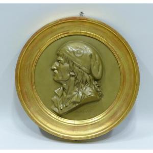 Large Painted Bronze Medallion Representing The Profile Of Marat Mounted On A Round Wooden Frame 