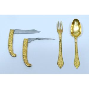 German Steel And Gilded Copper Set With Hunting Decoration Dating From Around 1700