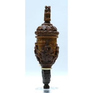 19th Century Wooden Pipe Bowl Richly Carved With Figures And Scenes