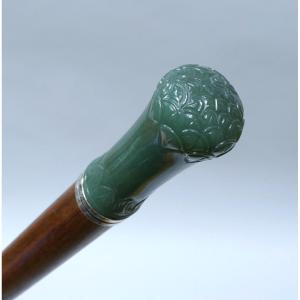 19th Century Collector's Cane With Carved Flower Jade Handle