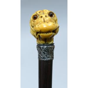 Collector's Cane With A Highly Patinated Handle Representing A Bulldog And A Rat