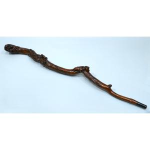 Folk Art Cane In Boxwood On The Theme Of Heaven, Purgatory And Hell