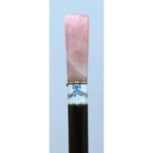 19th Century Collector's Walking Stick With Rose Quartz  And White Guilloché Enamel Handle 