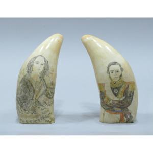 Powerful Pair Of 19th Century Sperm Whale Teeth Representing Two Couples