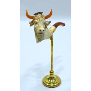 Meerschaum Cigarette Lighter Representing A Bull's Head With Amber Horns