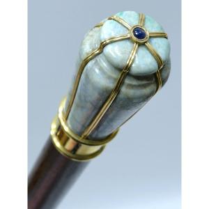 Precious Cane In Hard Stone, Gold And Sapphire Signed Gustave Keller Paris