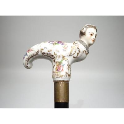 Porcelain Cane With Decor Of A Woman And Pretty Flowers