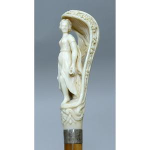 Elegant Cane With A Long Ivory Handle Representing The Samaritan Theme