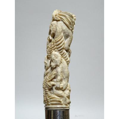 Cane With Antler Handle Representing Gorillas Embracing Eagles