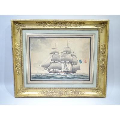 Watercolor Representing A Three Masts Barque By François Roux