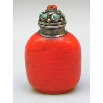 Chinese Snuffbox Made In Glass Red At The 19th Century