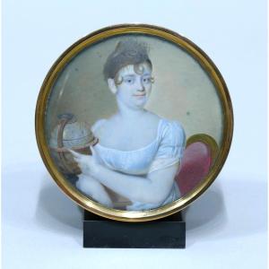 Round Shape Tortoiseshell And Gold Snuff Box Adorned With A Miniature On Ivory - First Empire
