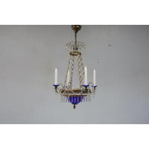 Chandelier In Bronze, Cut Glass And Cobalt Blue Glass In The Gustavian Style, Sweden