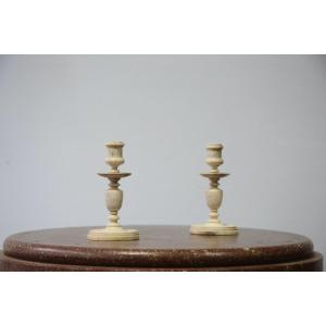 Pair Of Small Candlesticks In Turned Bone, 19th Century