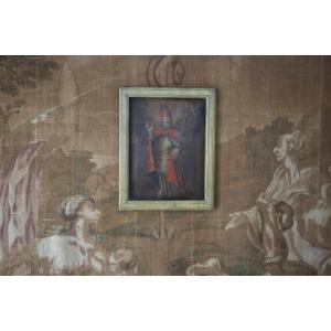 Cuir Peint - Fragment d'Antependium évêque St Martin XVIIIème siècle