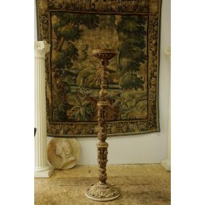 Carved, Gilded And Painted Wooden Candle Holder, 17th Century Spanish Work