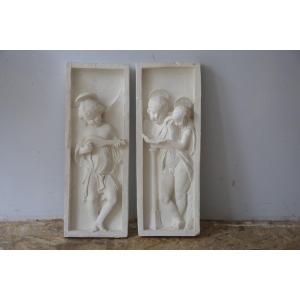 French School Of The 20th Century After Donatello (1386-1466), Suite Of Two Plaster Bas-reliefs