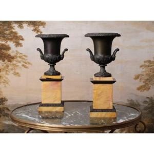 Pair Of Medici Vases In Patinated Bronze, 19th Century