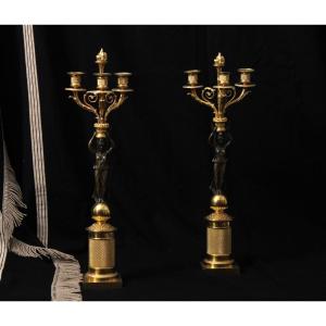 Pair Of Patinated And Gilded Bronze Candelabra, With Three Lights, Restoration Period, 19th Century