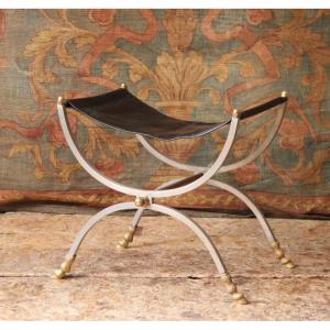 Curule Stool Seat In Polished Wrought Iron With Brass Ornamentation, 20th Century